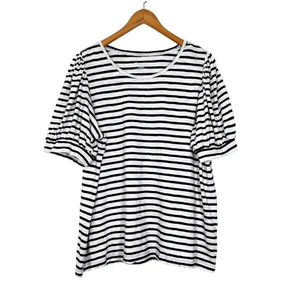 Chicos Striped Puff Sleeve Knit Top Black White XXL Cotton Modal Scoop Neck NWT
